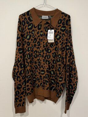 Carhartt WIP Mens Long Sleeve Arlo Polo Size M Camo Leo Jacquard Print NWT